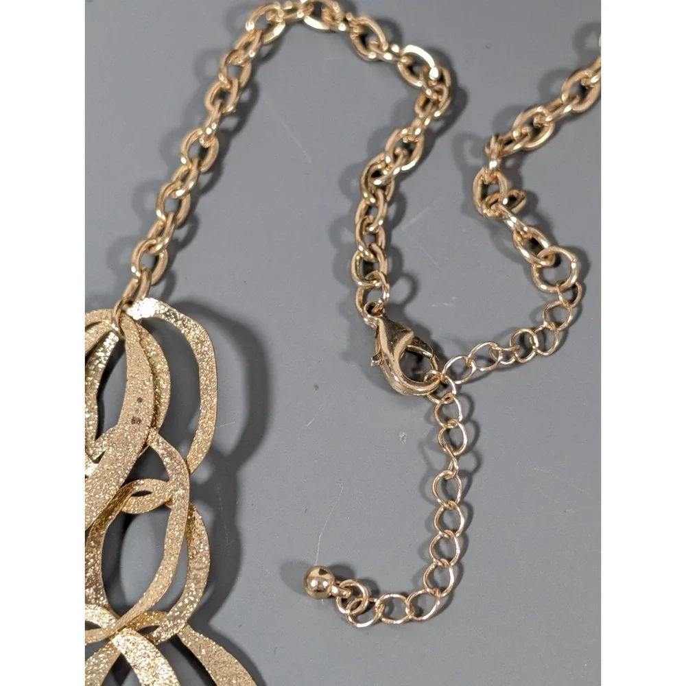 Gold Tone Textured Oval Chain Link Multi Strand Statement Necklace Lightweight 2